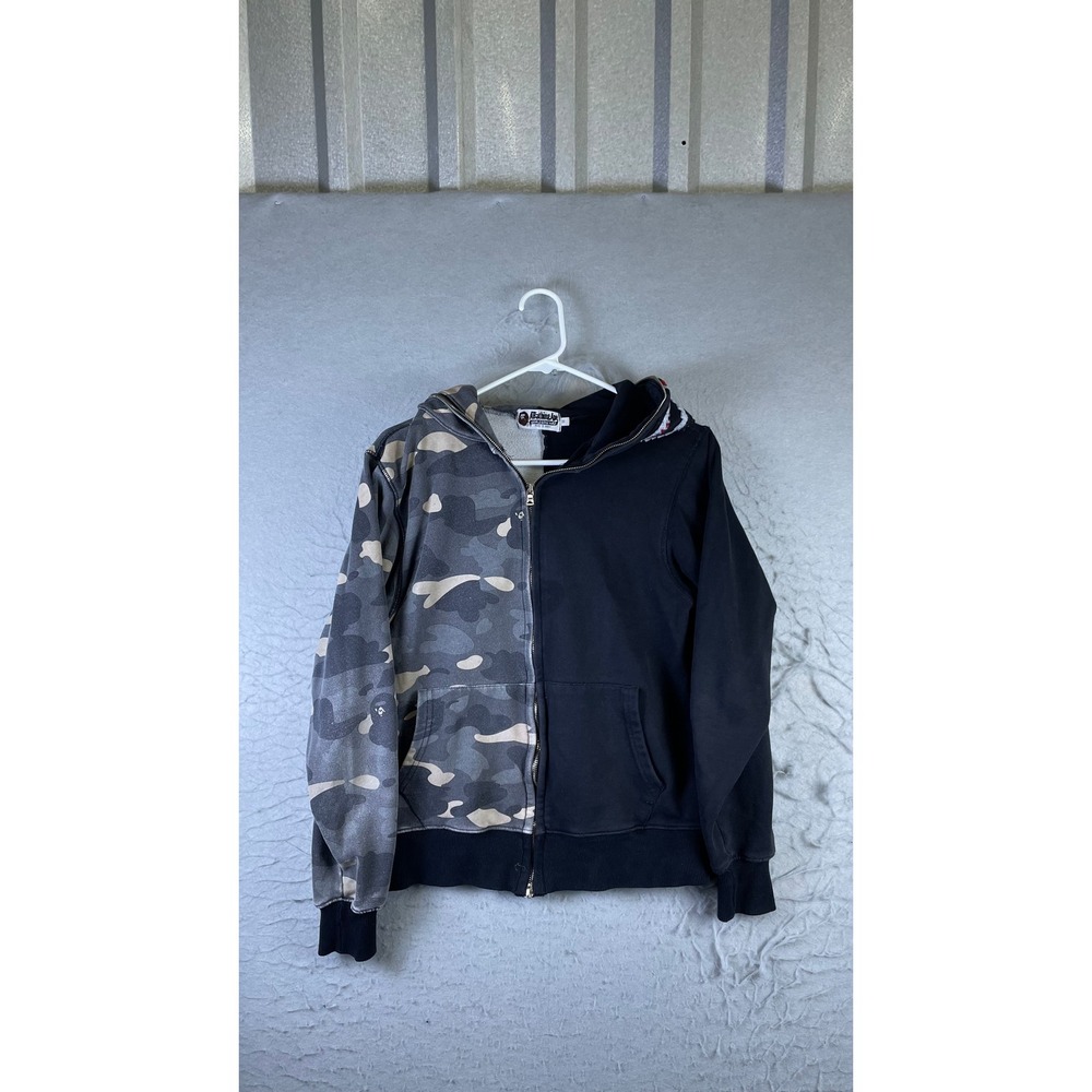 A Bathing Ape Hoodie Mens M Black Grey Camo Good Split Shark Full Zip WGM